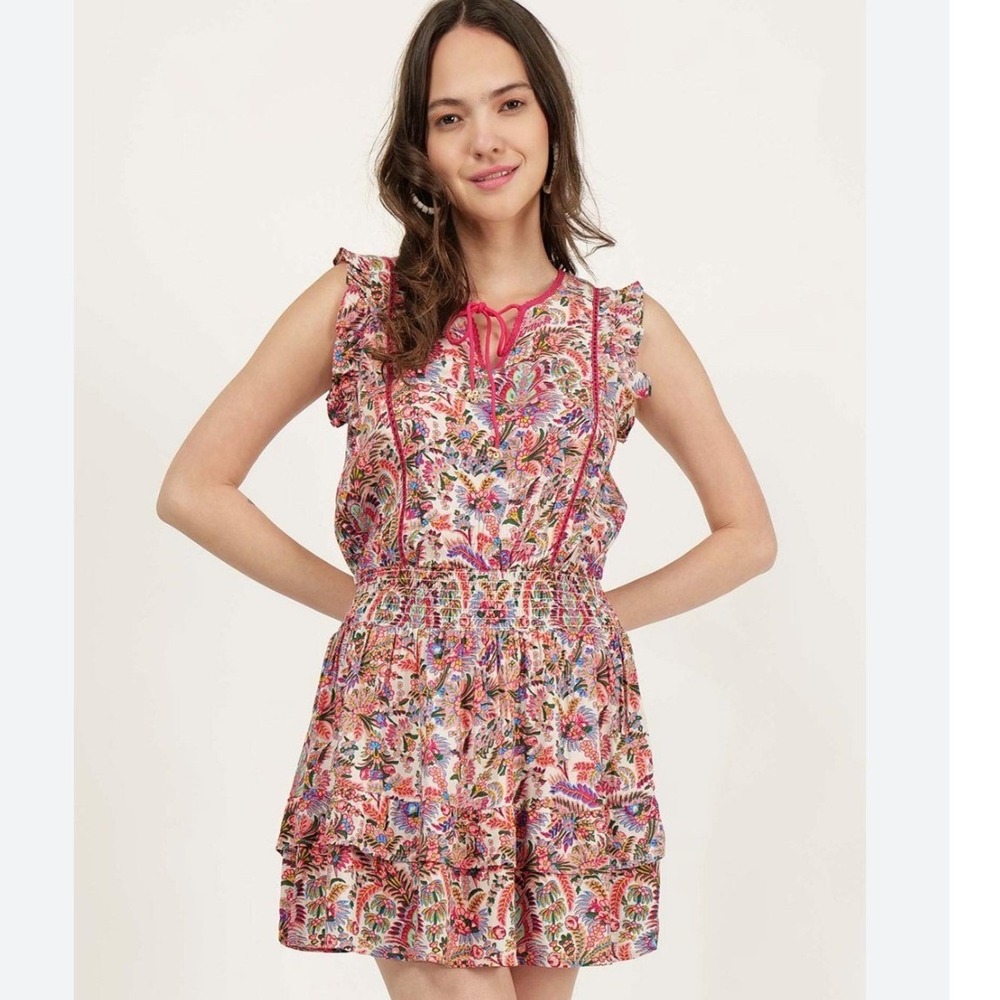 Natural Life Pink Paisley Floral Smocked Mini Dress Boho Ruffle Sleeveless Small